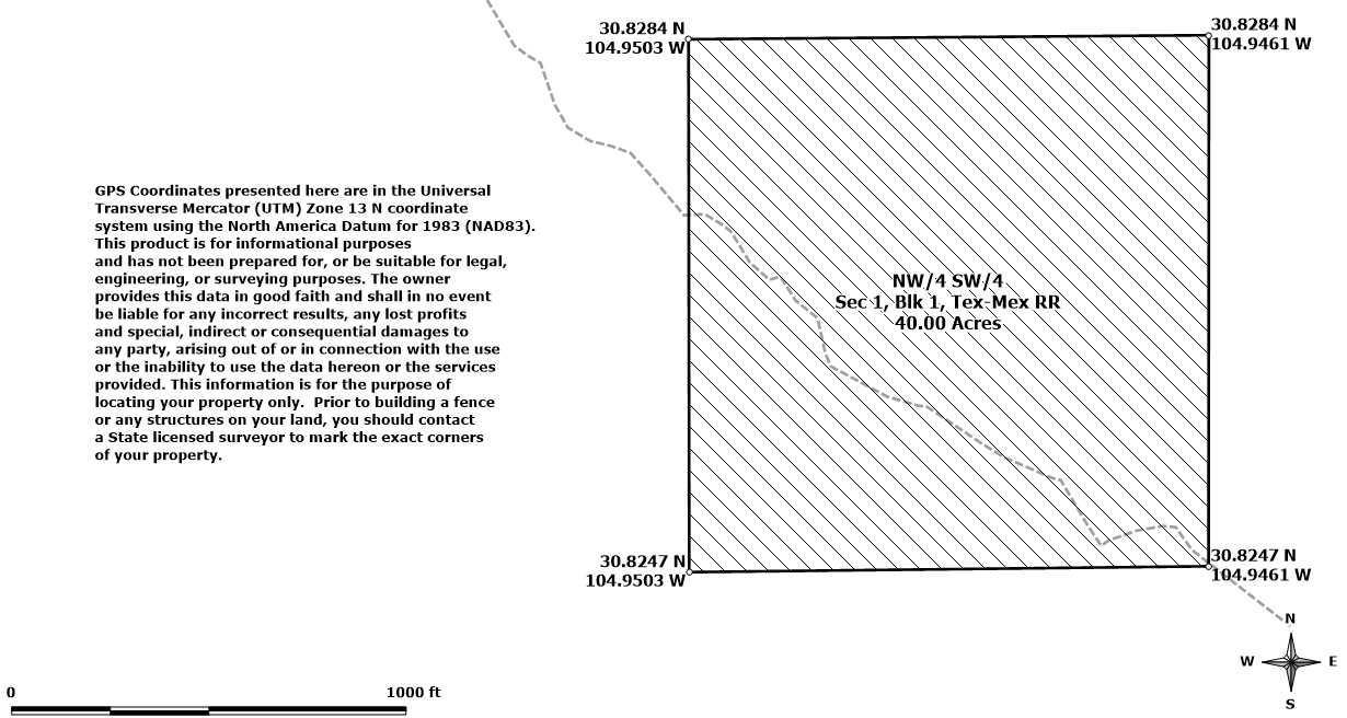 Survey map — 40 acres, Sec 1, Blk 1, Tex-Mex RR